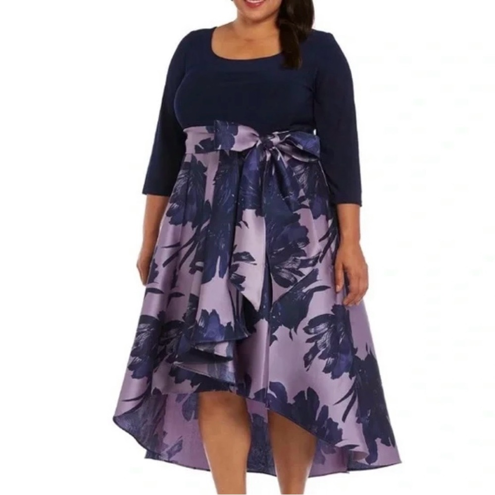 R&M Richards Satin High-Low Bow Belted Cocktail Dress Size 14W